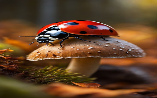 Orange beetle crawling on a mushroom wallpaper  from Chrome web store to be run with OffiDocs Chromium online