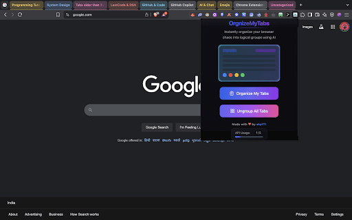 OrgnizeMyTabs  from Chrome web store to be run with OffiDocs Chromium online