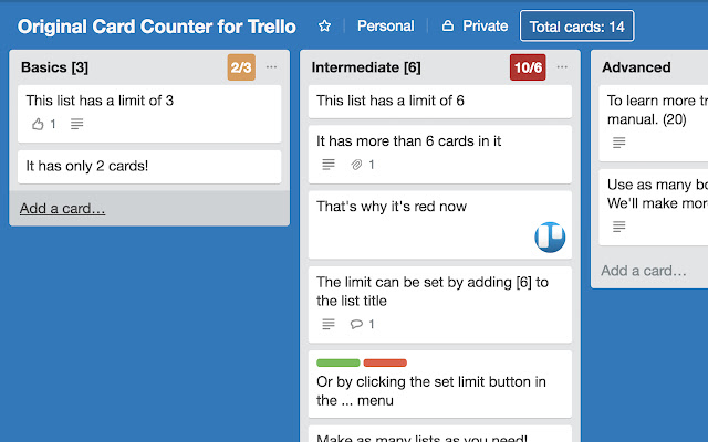 Original-Kartenzähler für Trello aus dem Chrome-Webshop, der mit OffiDocs Chromium online betrieben werden soll