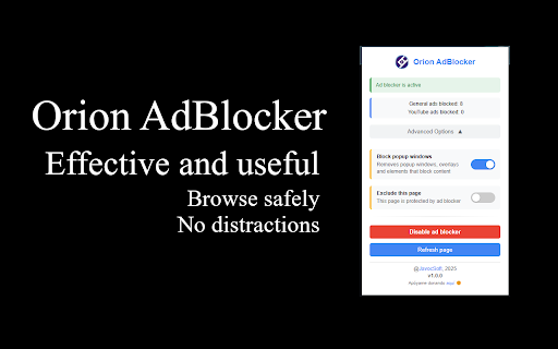 Orion AdBlocker  from Chrome web store to be run with OffiDocs Chromium online
