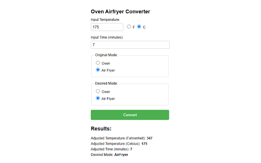 Oven Airfryer Converter  from Chrome web store to be run with OffiDocs Chromium online