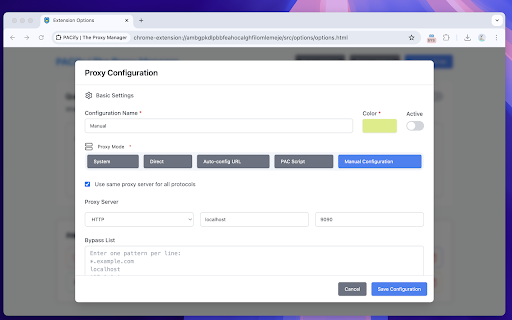 PACify | The Proxy Manager  from Chrome web store to be run with OffiDocs Chromium online