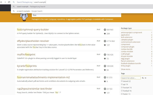 Packagist.org search engine  from Chrome web store to be run with OffiDocs Chromium online