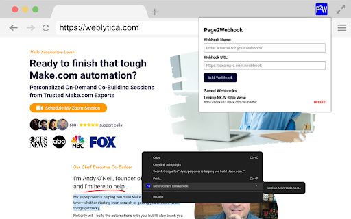Page2Webhook  from Chrome web store to be run with OffiDocs Chromium online