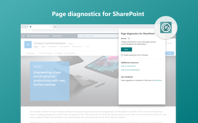 Page diagnostics for SharePoint  from Chrome web store to be run with OffiDocs Chromium online