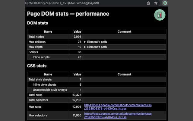 Page DOM Stats  from Chrome web store to be run with OffiDocs Chromium online