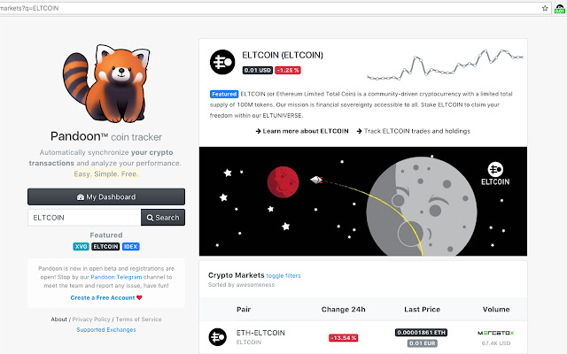 Pandoon ELTCOIN Ticker  from Chrome web store to be run with OffiDocs Chromium online