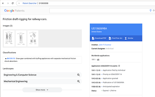 Patent Searcher  from Chrome web store to be run with OffiDocs Chromium online