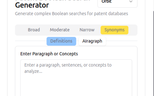 Patent Search Generator  from Chrome web store to be run with OffiDocs Chromium online
