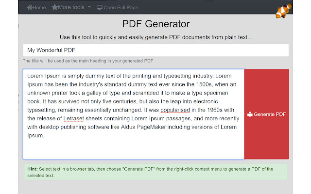 PDF Generator  from Chrome web store to be run with OffiDocs Chromium online