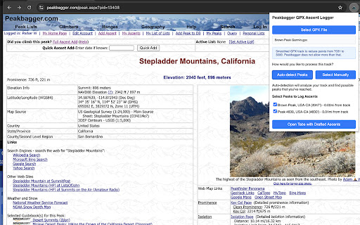 Peakbagger GPX Ascent Logger  from Chrome web store to be run with OffiDocs Chromium online