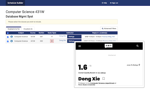 Penn State Course Scheduler Rate My Professor Integration  from Chrome web store to be run with OffiDocs Chromium online