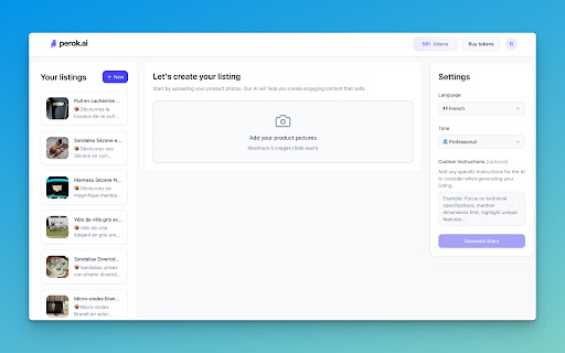 Perokai Automatic AI listings  from Chrome web store to be run with OffiDocs Chromium online
