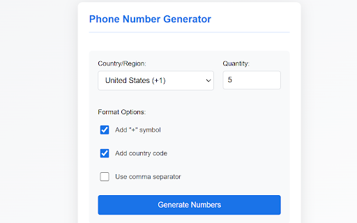 Phone Number Generator  from Chrome web store to be run with OffiDocs Chromium online