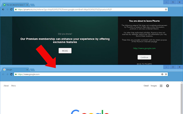Picarto Link Warning Redirect  from Chrome web store to be run with OffiDocs Chromium online