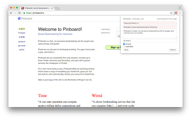 Pinboard++ for Pinboard  from Chrome web store to be run with OffiDocs Chromium online