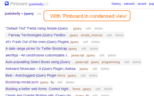 Pinboard.in condensed view  from Chrome web store to be run with OffiDocs Chromium online
