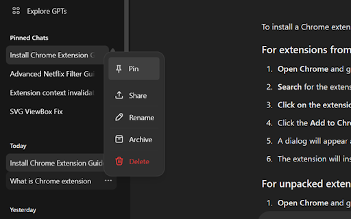 PinFlux Pin ChatGPT Chats  from Chrome web store to be run with OffiDocs Chromium online