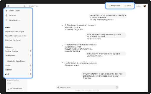 PinFold: ChatGPT Folder and Pins  from Chrome web store to be run with OffiDocs Chromium online