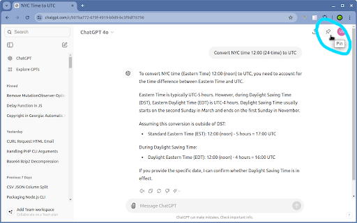 Pinnable ChatGPT: pin GPT chats in sidebar  from Chrome web store to be run with OffiDocs Chromium online