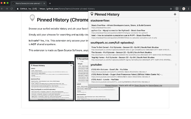 Pinned History  from Chrome web store to be run with OffiDocs Chromium online