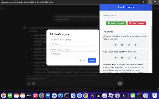 Pin Prompts For ChatGPT and Claude  from Chrome web store to be run with OffiDocs Chromium online