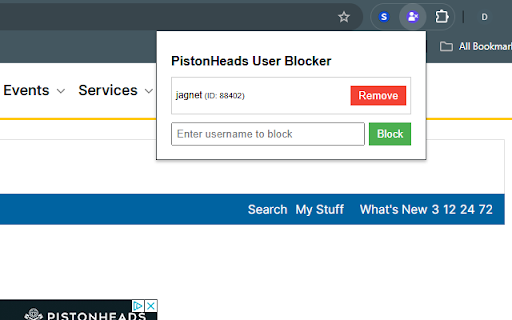 PistonHeads User Blocker  from Chrome web store to be run with OffiDocs Chromium online