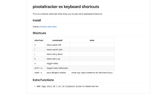 Pivotal Tracker Extra Keyboard Shortcuts  from Chrome web store to be run with OffiDocs Chromium online