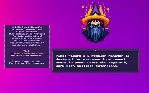 Pixel Wizards Extension Manager  from Chrome web store to be run with OffiDocs Chromium online