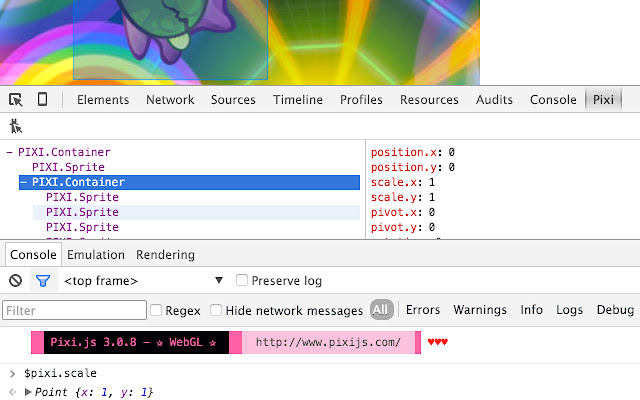 Pixi.js devtools  from Chrome web store to be run with OffiDocs Chromium online