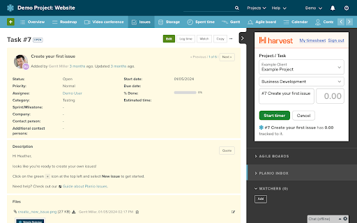Planio Harvest Integration  from Chrome web store to be run with OffiDocs Chromium online