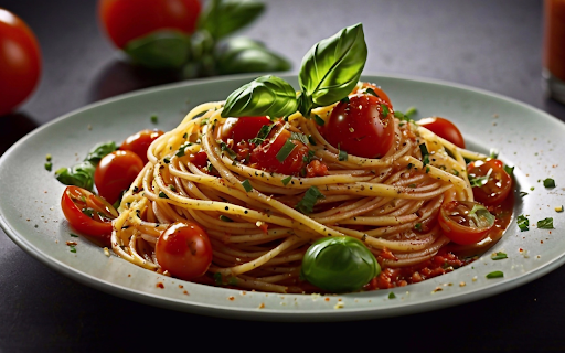 Plate of noodles and cherry tomatoes  from Chrome web store to be run with OffiDocs Chromium online