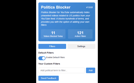 Politics Blocker for YouTube  from Chrome web store to be run with OffiDocs Chromium online