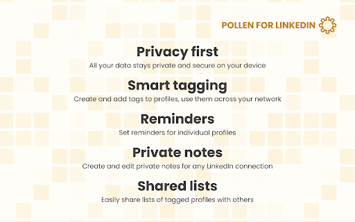 Pollen for LinkedIn add notes, tags  reminders to LinkedIn profiles  from Chrome web store to be run with OffiDocs Chromium online