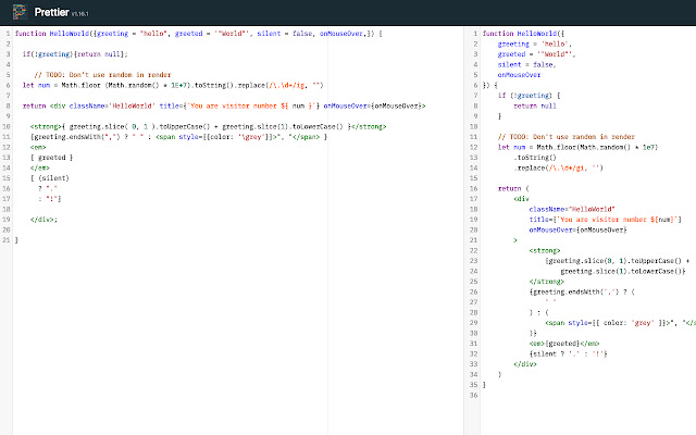 Prettier settings tweaks  from Chrome web store to be run with OffiDocs Chromium online