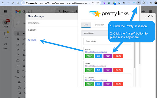PrettyLinks Manager  from Chrome web store to be run with OffiDocs Chromium online