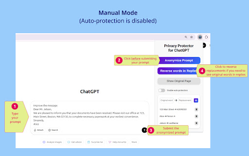 Privacy Protector for ChatGPT  from Chrome web store to be run with OffiDocs Chromium online