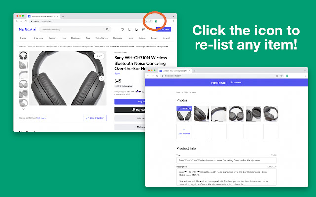 Product Relister for Mercari  from Chrome web store to be run with OffiDocs Chromium online