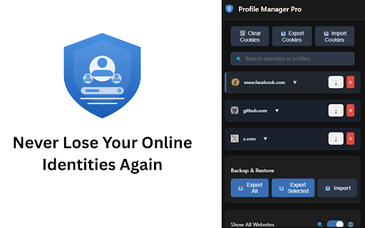 Profile Manager Pro – Turbo Login, Smart Cookie Control  from Chrome web store to be run with OffiDocs Chromium online