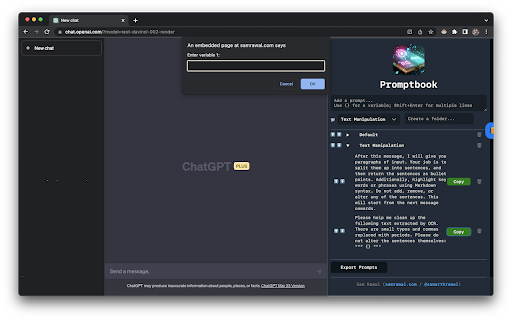 Promptbook: Inline Prompt Manager for ChatGPT  from Chrome web store to be run with OffiDocs Chromium online