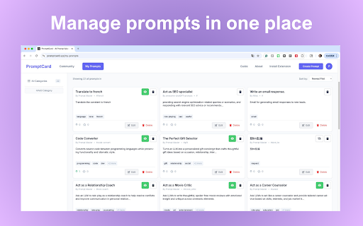 PromptCard Prompt quick insert, manage, and share  from Chrome web store to be run with OffiDocs Chromium online