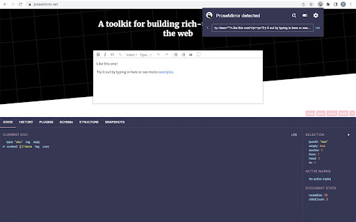 ProseMirror Developer Tools  from Chrome web store to be run with OffiDocs Chromium online