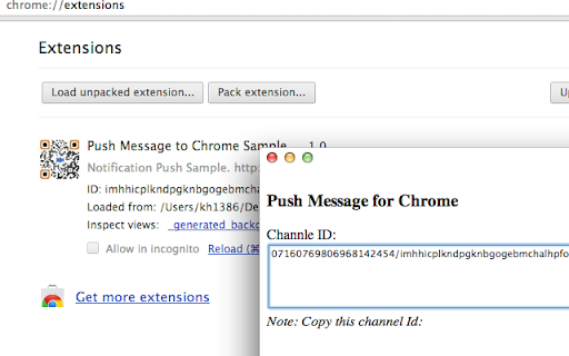 Push Message to Chrome Sample  from Chrome web store to be run with OffiDocs Chromium online