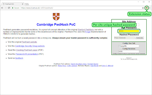 PwdHash PoC port  from Chrome web store to be run with OffiDocs Chromium online