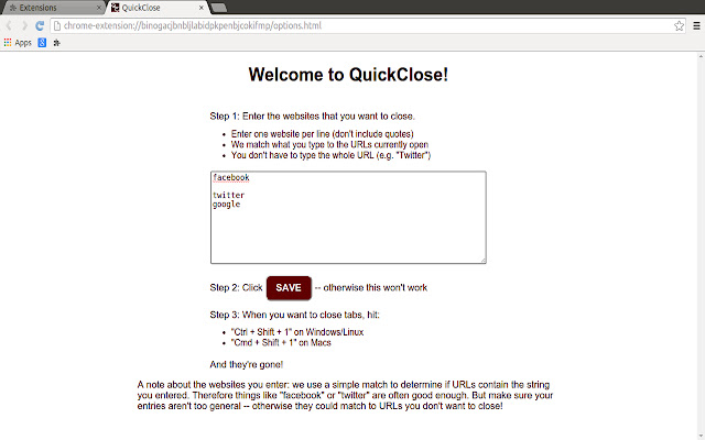 QuickClose  from Chrome web store to be run with OffiDocs Chromium online