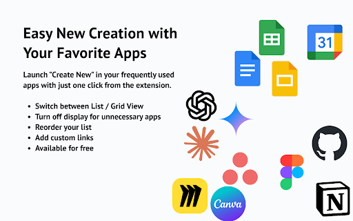 QuickCreate: Easily start something new across all your apps  from Chrome web store to be run with OffiDocs Chromium online