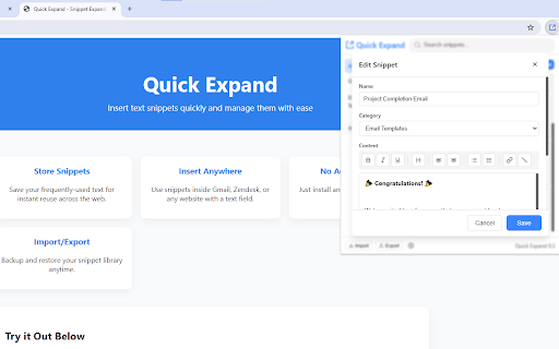 Quick Expand  from Chrome web store to be run with OffiDocs Chromium online