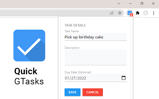 Quick GTasks from Chrome web store to be run with OffiDocs Chromium online Quick GTasks from Chrome web store to be run with OffiDocs Chromium online
