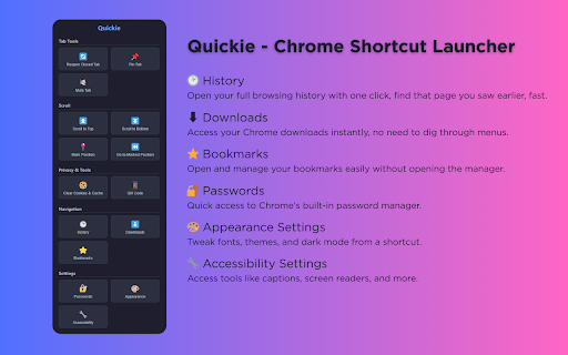 Quickie Chrome Shortcut Launcher  from Chrome web store to be run with OffiDocs Chromium online