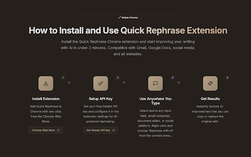 Quick Rephrase – Rephrase Any Text with AI  from Chrome web store to be run with OffiDocs Chromium online